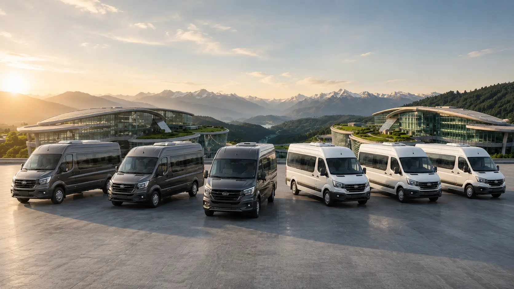 Premium chauffeur-driven van on a scenic road